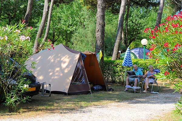 Pitch with tent with table and chairs and parking space