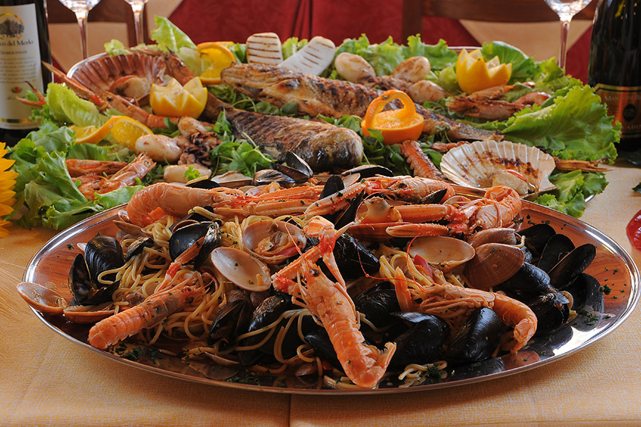 Trays with fish dishes